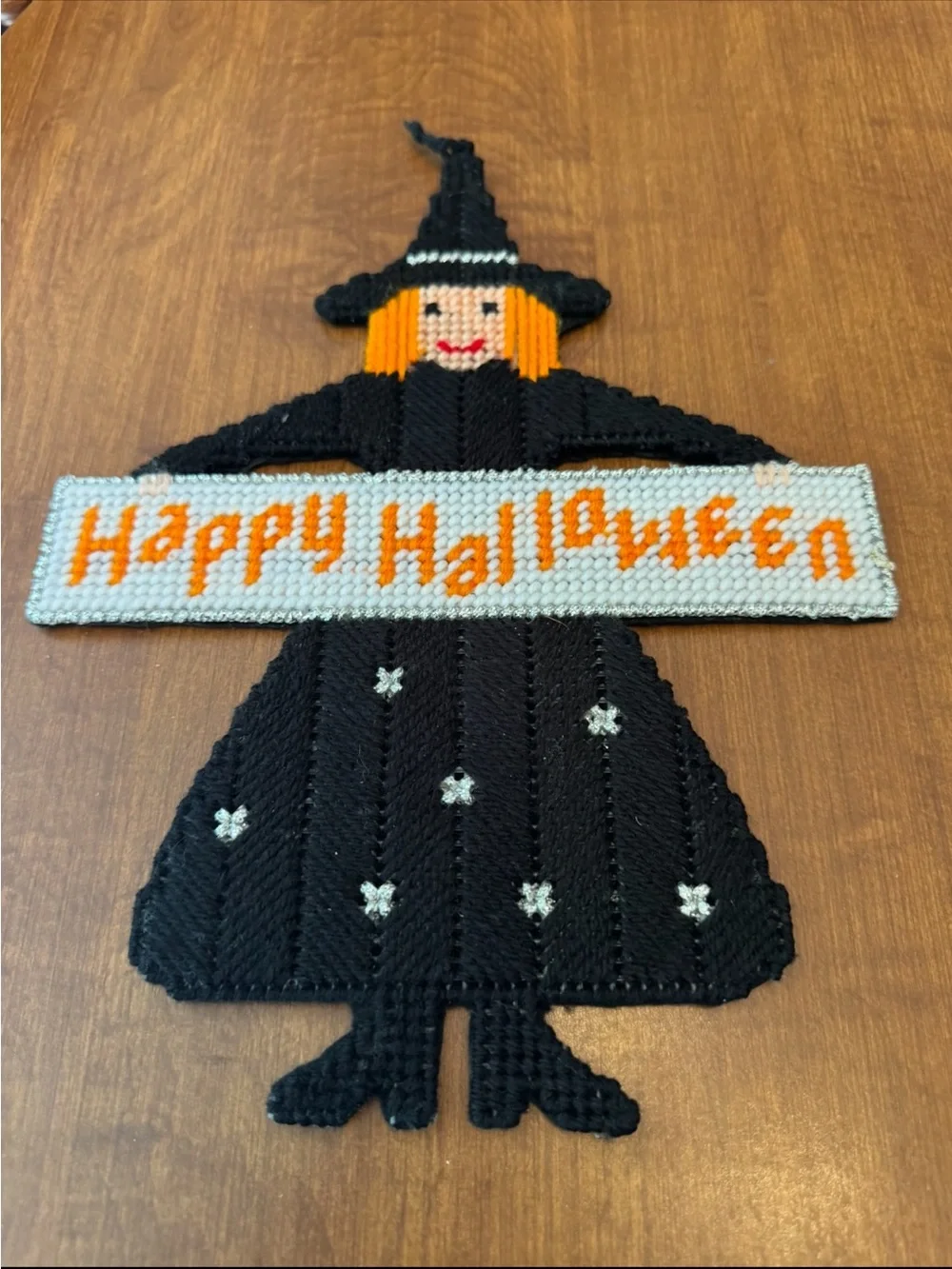 Halloween Witch Wall Hanging Needlepoint Decoration - Black and Orange